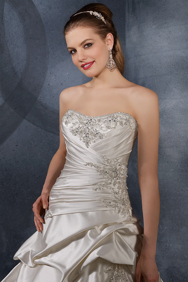 Court Train Beaded Satin Ivory Wedding Gown - Click Image to Close